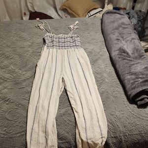 Madewell Cream and Blue Smocked Top